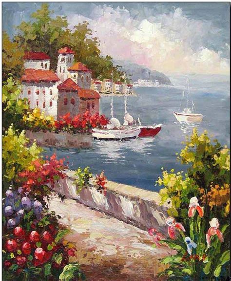 Mediterranean oil painting,Mediterranean View to the Bay