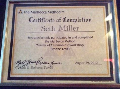 Certiicate that I completed the "Master of Ceremonies" workshop ...