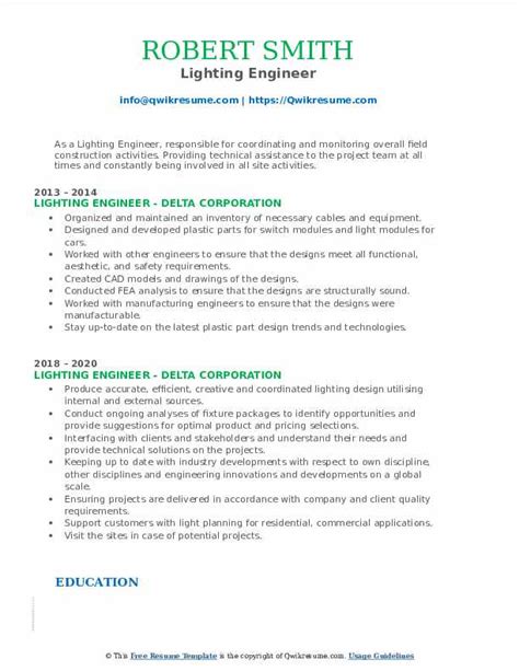 Lighting Engineer Resume Samples | QwikResume