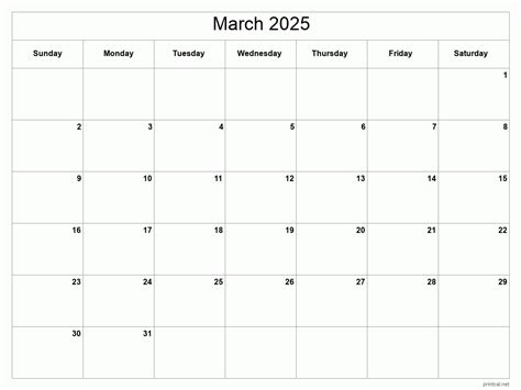 Printable March 2025 Calendar - Classic Blank Sheet