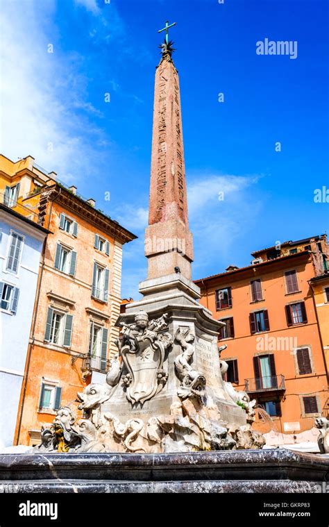 Rome, Italy. Night scene with Egyptian Obelisk in Rotonda Square, heart ...