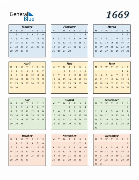 1669 Yearly Calendar Templates with Monday Start