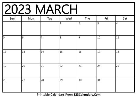 March 2023 Calendar 123calendars - Get Calender 2023 Update