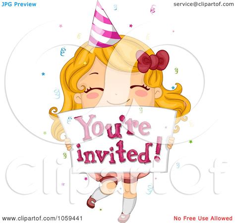 Royalty-Free Vector Clip Art Illustration of a Cute Birthday Girl Holding A You're Invited Sign ...