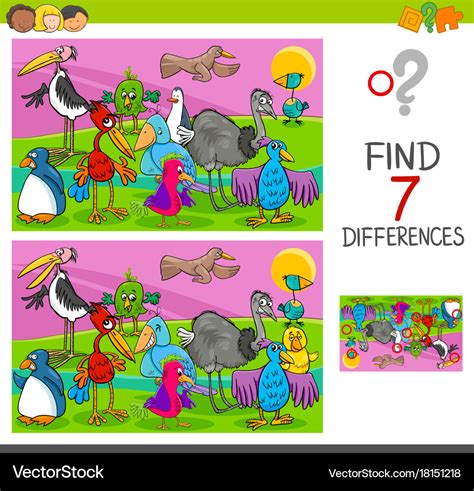 Spot differences game with birds characters Vector Image