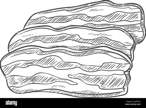 Bacon slice icon, pork meat smoked ham isolated sketch. Vector raw beef ...