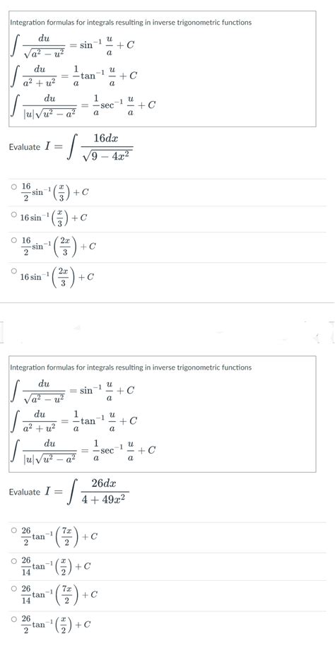 Solved Integration formulas for integrals resulting in | Chegg.com