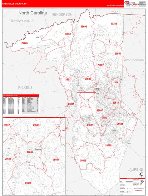 Greenville County, SC Zip Code Wall Map Red Line Style by MarketMAPS - MapSales