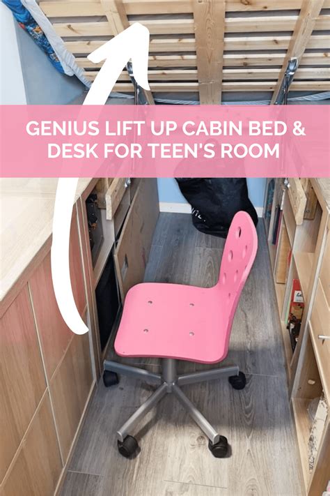Genius lift up cabin bed with a desk beneath. A DIY cabin bed for his teen daughter. The KALLAX ...