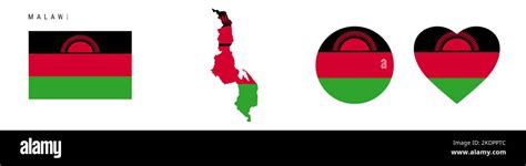 Malawi flag icon set. Malawian pennant in official colors and proportions. Rectangular, map ...