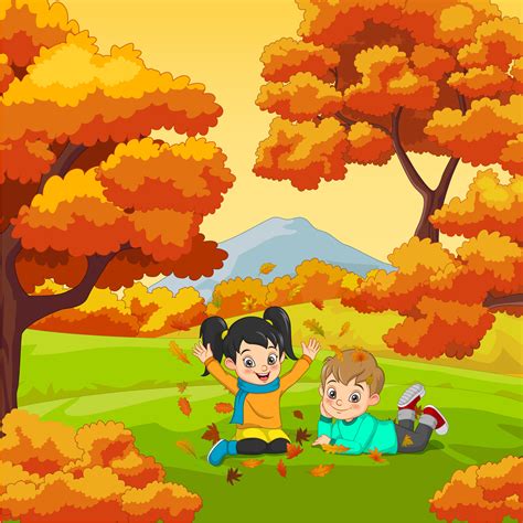 Cartoon Happy kids playing in autumn background 4993844 Vector Art at Vecteezy