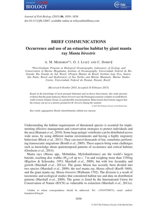 (PDF) Occurrence and use of an estuarine habitat by giant manta ray Manta birostris