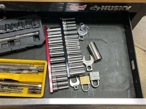 Husky rolling tool box loaded with tools, 46"W x 18"D x 37 1/2"H, great - Albrecht Auction Service