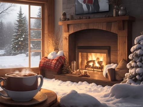 Premium AI Image | a cozy winter scene with a roaring fireplace and a ...