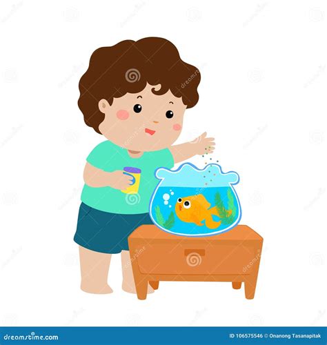 Illustration of Cute Little Boy Feeding Fish in Aquarium Cartoon Stock Vector - Illustration of ...