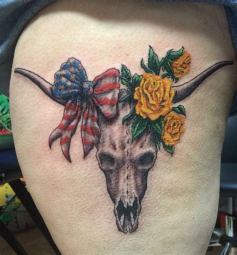 Longhorn skull tattoo with texas roses and the American flag bow. Love it | Cowgirl tattoos ...