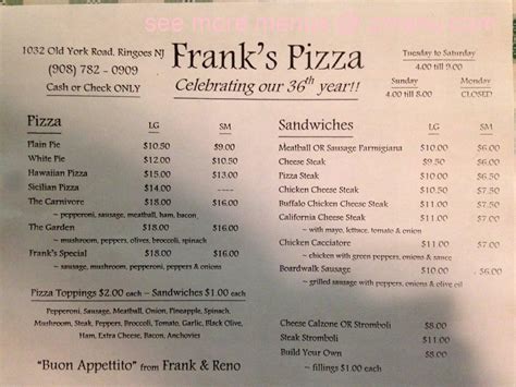 Online Menu of Franks Pizzeria of Ringoes Restaurant, Ringoes, New ...