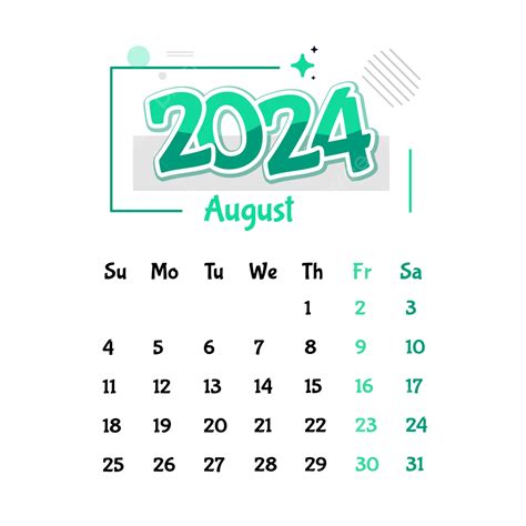 August 2023 Monatskalender Vektor, August 2024 Kalender, August 2024, Kalender 2024 PNG und ...