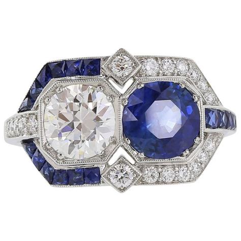 Art Deco Sapphire Diamond Platinum Ring | From a unique collection of vintage more rings at ...