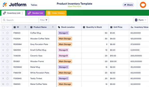 Product Inventory Template | Jotform Tables