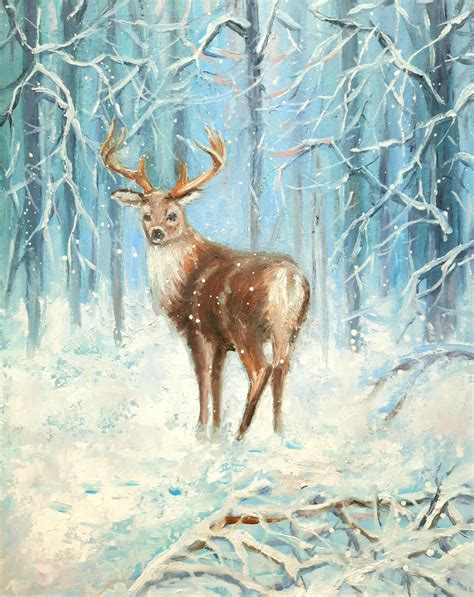 Winter Landscape Painting Deer Original Art Snowy Forest - Etsy