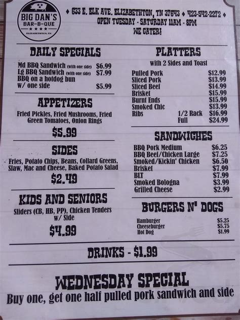 Big Dan's BBQ menus in Elizabethton, Tennessee, United States