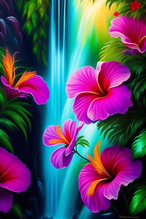 Lexica - Hibiscus jungle waterfall mist rainbow birds of paradise award ...