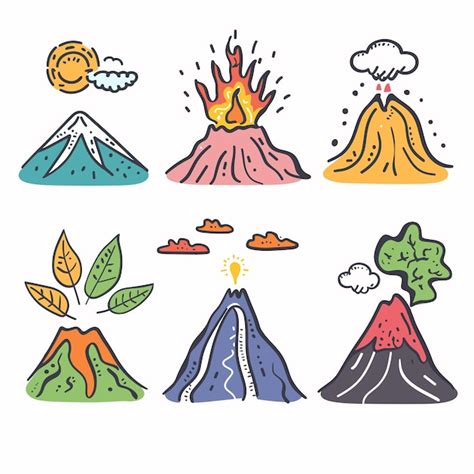 Premium Vector | Handdrawn colorful volcanoes mountains cartoon erupting snowy covered greenery ...