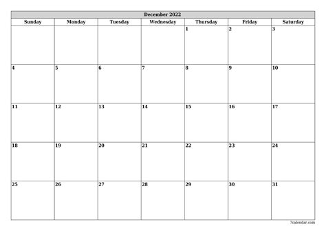 Monthly Calendar Template December 2022