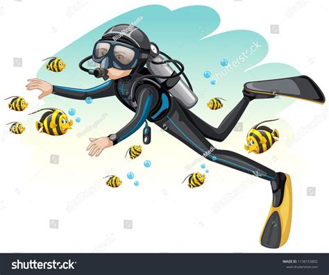 Scuba Diver Surroded By Fish Illustration Stock Vector (Royalty Free) 1138153802 | Shutterstock