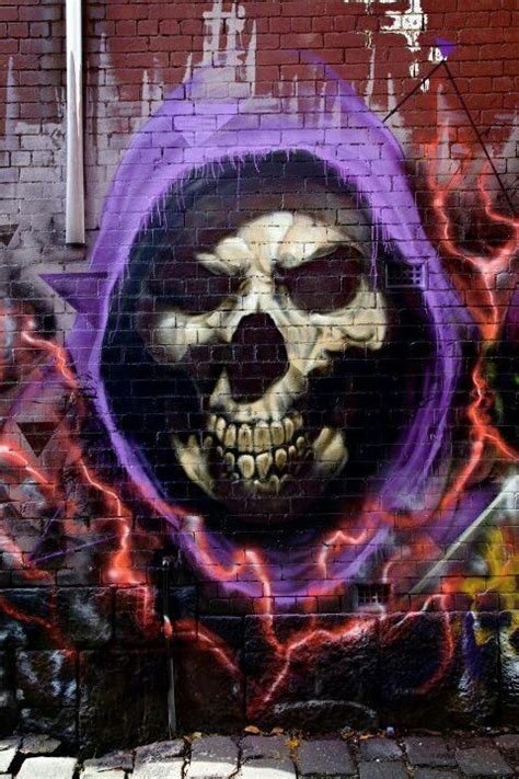 purple hooded, red lightening skull art | Street art graffiti, Street ...