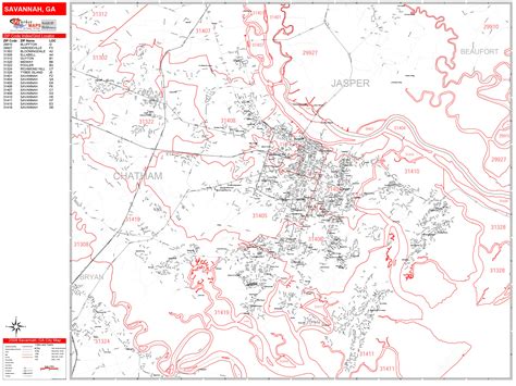 Savannah Georgia Zip Code Wall Map (Red Line Style) by MarketMAPS - MapSales