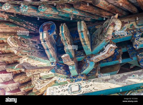 Painted fighting arch wood member of ancient architecture of Taigu boundless temple in Shanxi ...