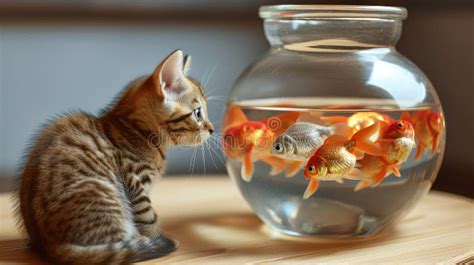 Goldfishes in an Aquarium and a Adorable Cat Looking at Them Stock Illustration - Illustration ...