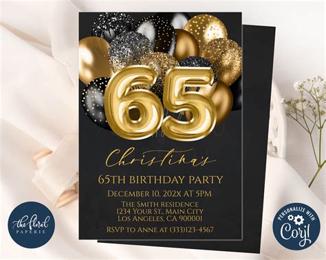 65th birthday invitation template editable black and gold birthday invite balloons birthday ...