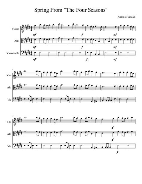 Spring From The Four Seasons sheet music for Violin, Viola, Cello ...
