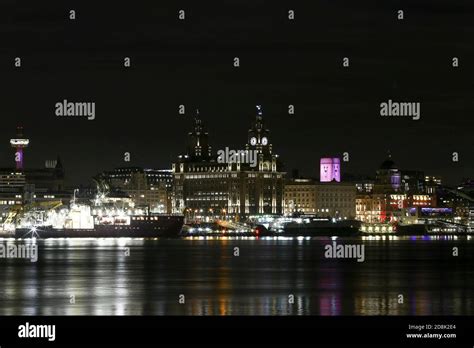 General night time view of the Liverpool waterfront and Liver Building ...