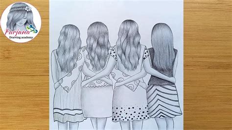 Tutoriel de croquis au crayon Best friends || Comment dessiner quatre amis qui s'embrassent