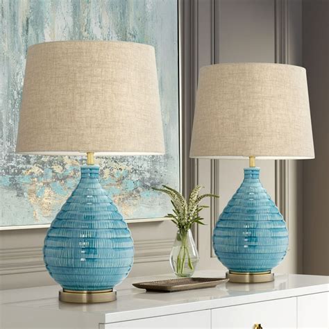 360 Lighting Modern Table Lamps Set of 2 Coastal Ceramic Sky Blue Glaze ...