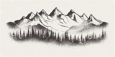 Premium Vector | Vector sketch mountains and forest pencil drawing