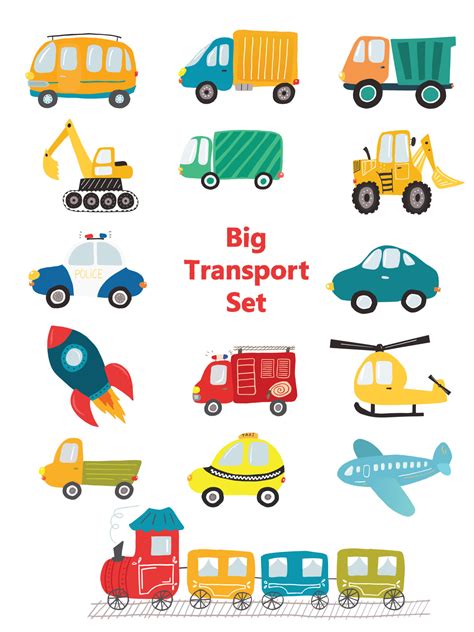 Big transportation set. Bright collection of cars and trucks in simple ...