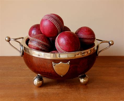 English Oak Silver Plate Mappin & Webb Trophy Bowl & Old Cricket Balls.