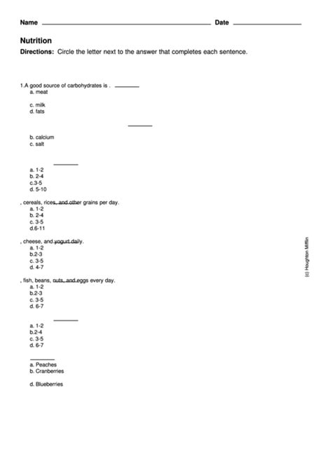 Nutrition Quiz Template printable pdf download