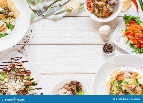 Food Buffet Top View Restaurant Dish Plates White Stock Image - Image of background, full: 145668925