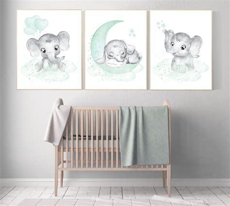 Elephant nursery art, elephant nursery print, mint nursery decor, moon and stars, baby room wall ...