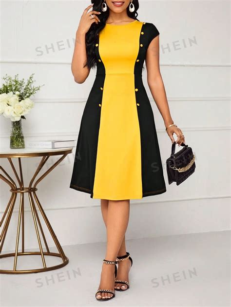 SHEIN Lady Plus Size Women's Elegant Colorblock Button-Down Waist-Cinched A-Line Midi Dress ...