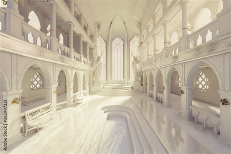 A majestic fantasy temple. A 3D rendered image from the interior of a white fantasy temple ...