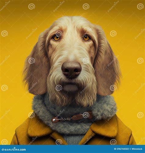 AI Generated Illustration of a Spinone Italiano Dog with Human Clothes on Yellow Background ...