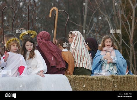 Christmas parade float with kids in nativity scene. Editorial-use only ...