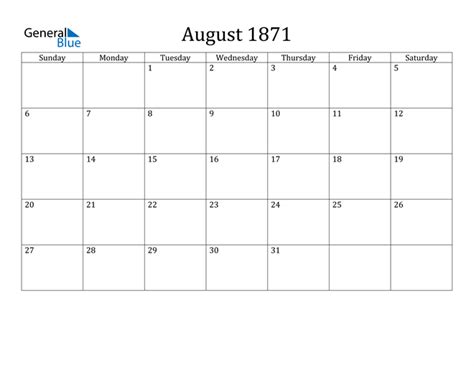 August 1871 Calendar (PDF Word Excel)